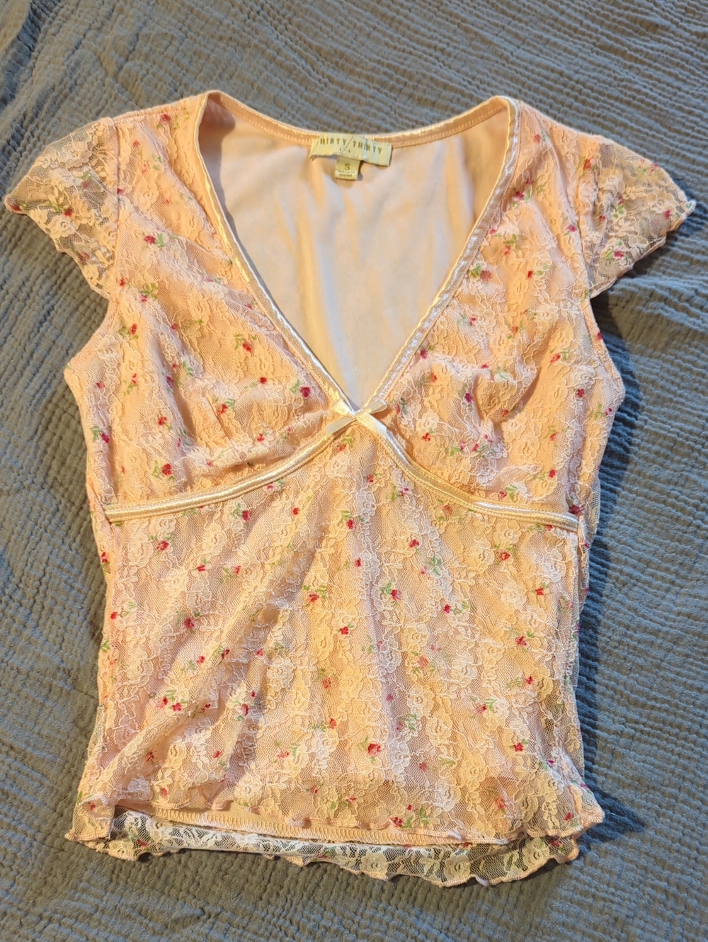 Light Pink Lace Floral V-Neck Baby Tee